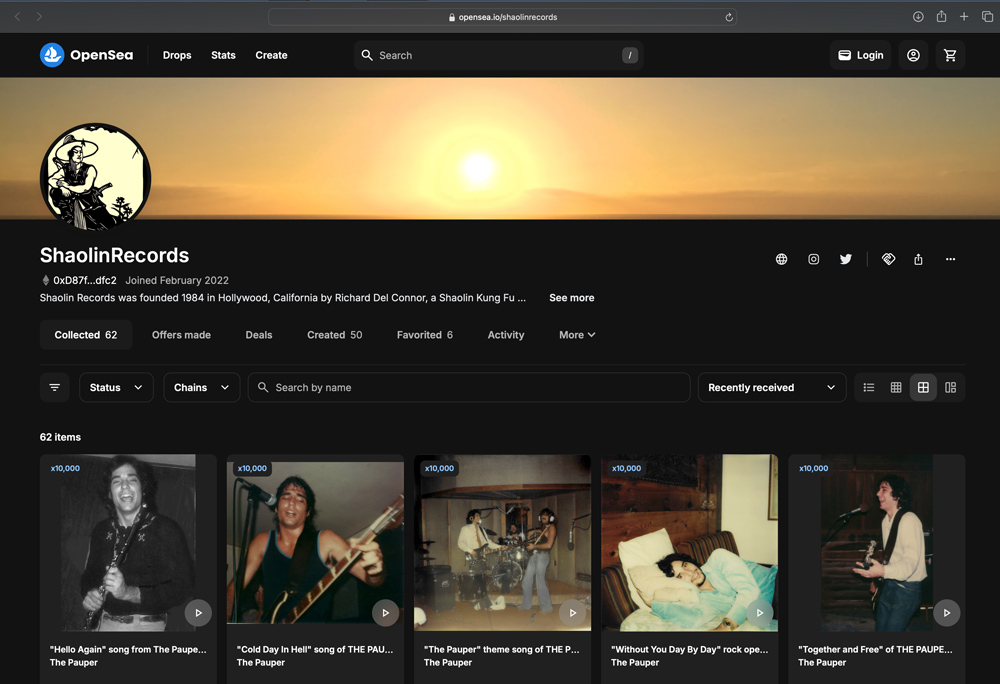 Screenshot of Shaolin Records NFT COLLECTIONS at OpenSea.io/shaolinrecords